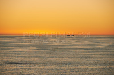 Buy stock photo Landscape, sunset and horizon with beach and ocean for environment, travel destination and tropical. Summer vacation, water and nature with sea for mediterranean coastline, holiday and paradise