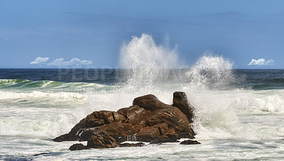 Buy stock photo Summer, waves and rock with beach and ocean for environment, travel destination and tropical. Island vacation, water and nature with sea horizon for mediterranean coastline, holiday and paradise