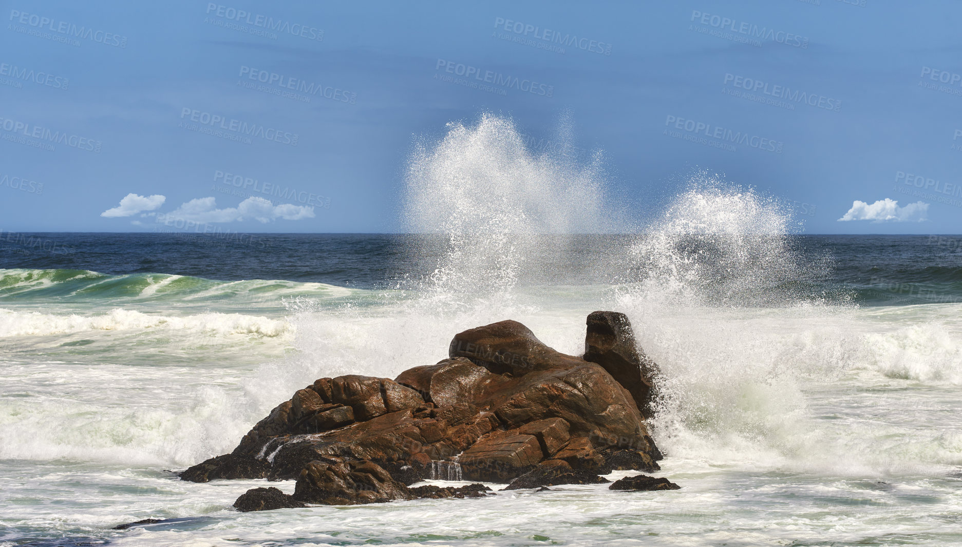 Buy stock photo Summer, waves and rock with beach and ocean for environment, travel destination and tropical. Island vacation, water and nature with sea horizon for mediterranean coastline, holiday and paradise