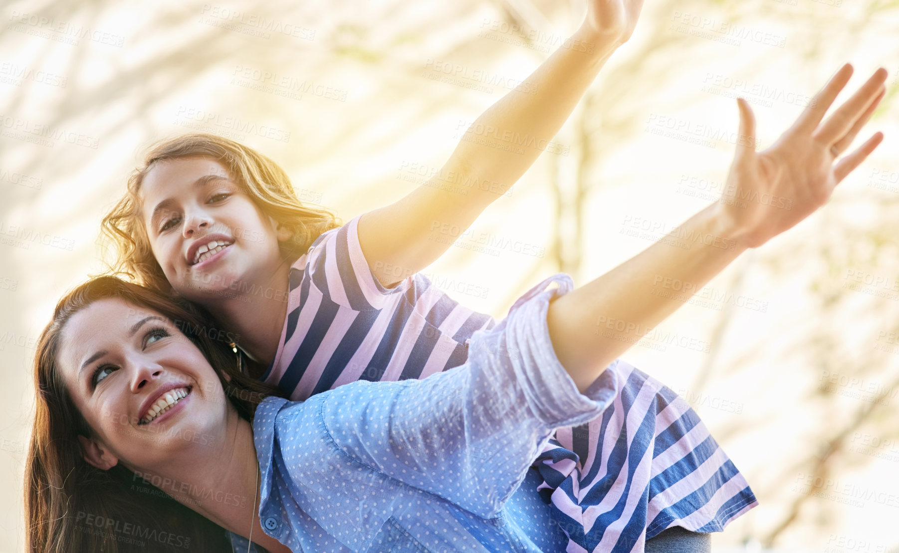 Buy stock photo Mom, girl and piggyback outdoor with games, excited and fun in sun and for bonding, love and support. Happy family or parent playing with child for mothers day in nature or park for travel adventure