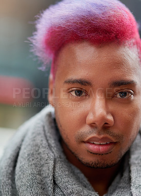 Buy stock photo Black man, portrait and pink hair with funky for unique with freedom of expression for identity. Self esteem, creative and gen z with gender fluid in confidence with pride for empower with colorful