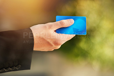 Buy stock photo Illustration, person and hand with credit card for payment, buy and purchase for shopping. Rewards, voucher and debit for retail or banking with finance, budget and saving account with interest rate