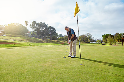 Buy stock photo Senior man, sports and golf on field for play, fitness and training with recreation, exercise and fun. Male person, golfer and strike club on outdoor course for retirement, workout and practice game