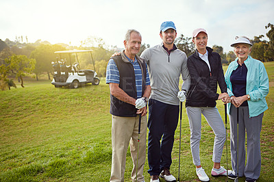 Buy stock photo Portrait of a family of four enjoying a day on the golf course