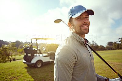 Buy stock photo Portrait of a young man playing golf