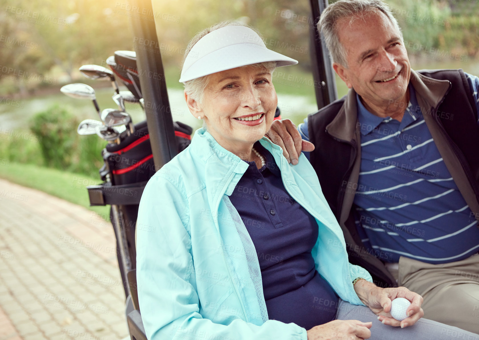 Buy stock photo Man, portrait and woman in golf cart for happy, sports and recreation with weekend, bonding and fitness. Senior couple, love and game on course for exercise, romance and club competition with leisure