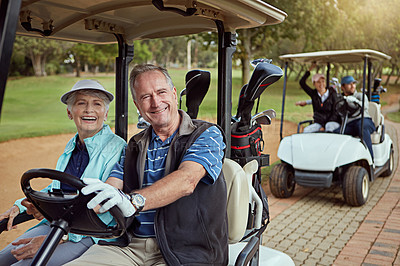 Buy stock photo Couple, happy and drive golf cart for hobby, sports and recreation with weekend, bonding and fitness. Senior people, fun and romance on course for game, practice and club competition with leisure 