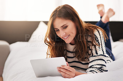 Buy stock photo Search, happy and tablet with woman on bed for social media, communication and digital. Internet, technology and website with female person reading online at home for ebook, streaming and happiness