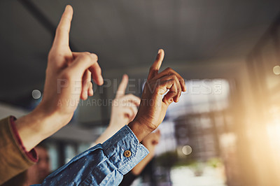 Buy stock photo Cropped shot of hands being raised to ask a question