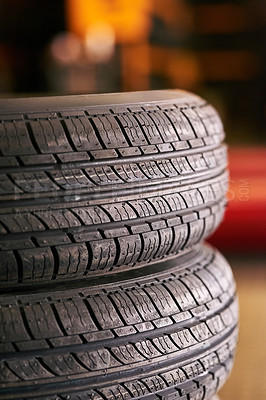 Buy stock photo Closeup shot of a pile of car tyres