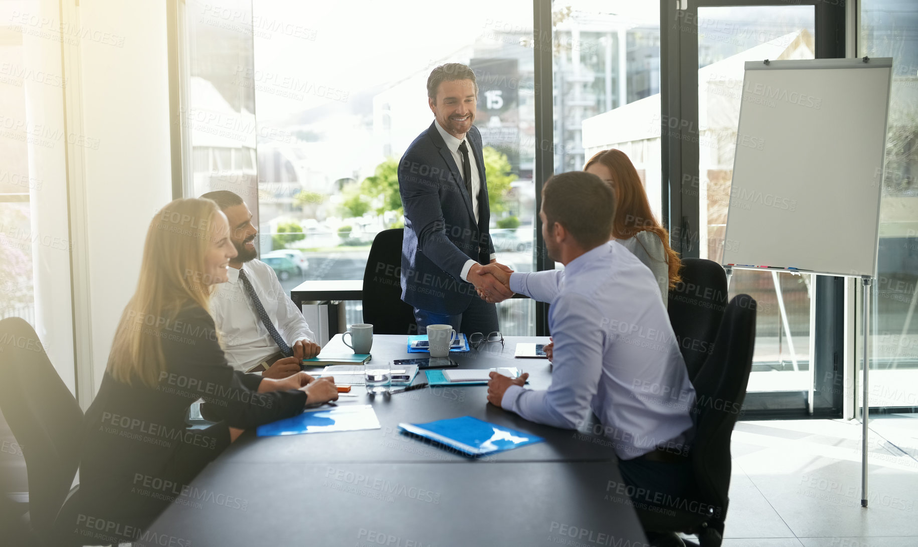 Buy stock photo Business people, finance investor or shaking hands in meeting for funding, teamwork or partnership. Collaboration, agreement or investment banker greeting manager for financial negotiation and deal