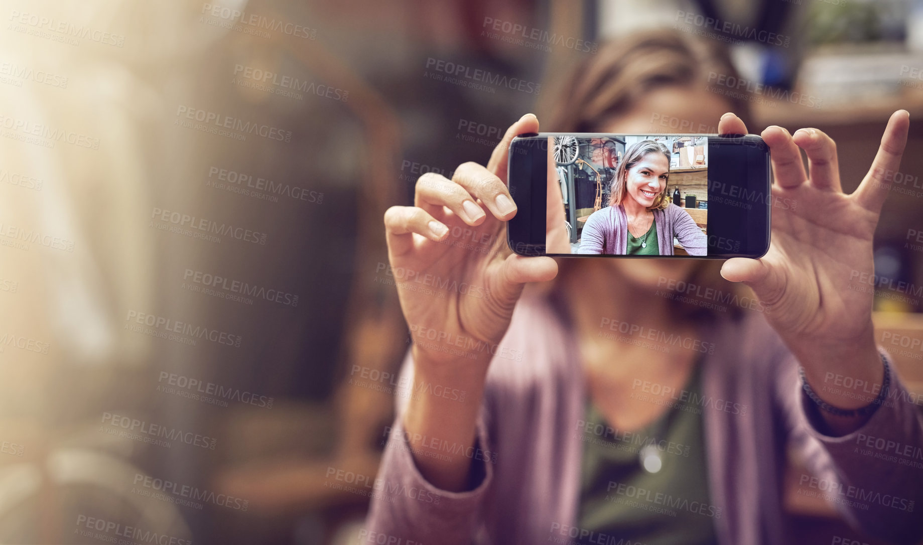 Buy stock photo Smartphone, screen and coffee shop selfie with woman customer, cafe smile or cappuccino beverage. Tea, internet and communication with student, profile picture or online post in restaurant or bistro