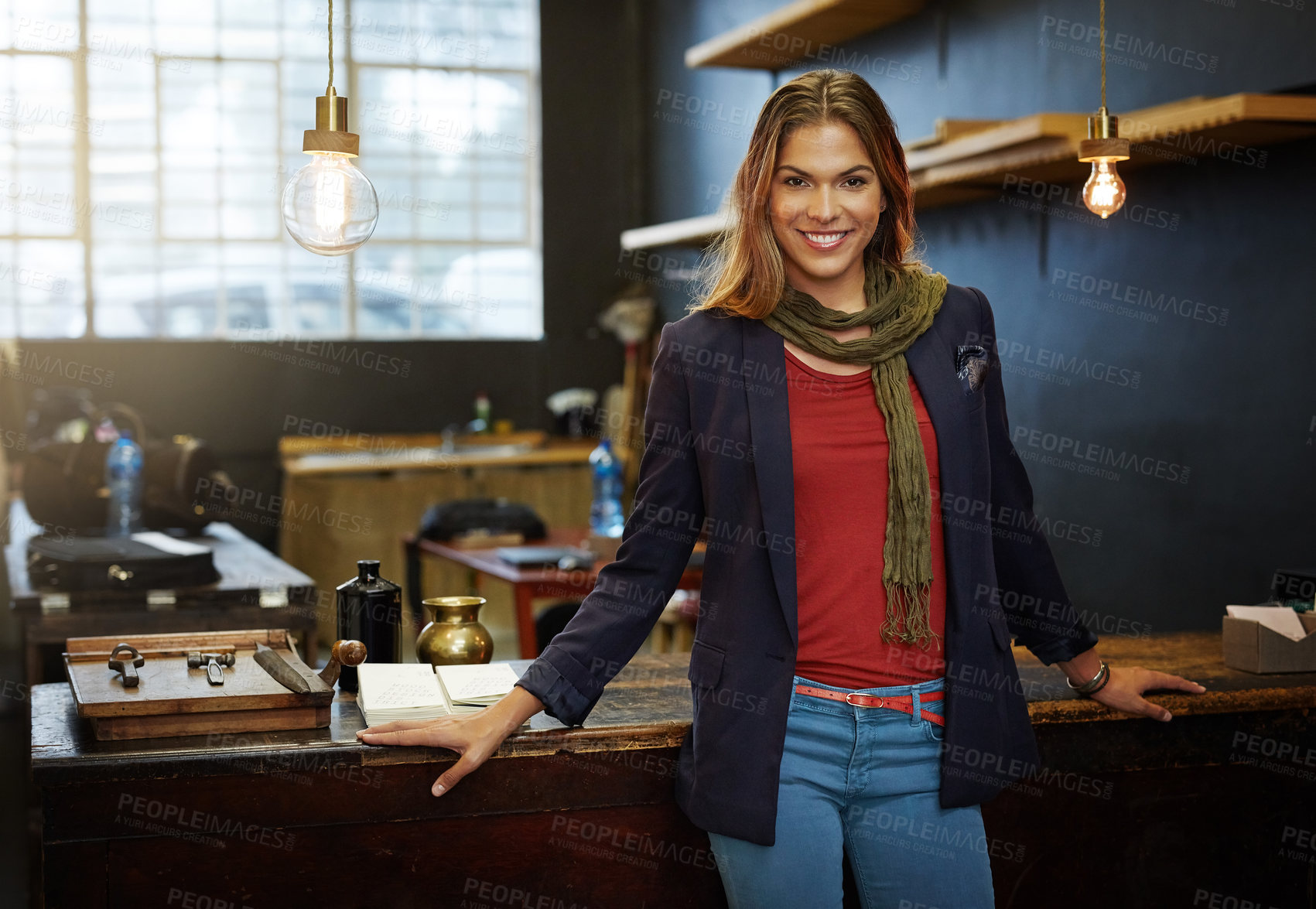 Buy stock photo Happy woman, portrait and confident in restaurant for professional service, startup and career pride. Entrepreneur, smile and crossed arms as small business owner for ambition, coffee shop or welcome