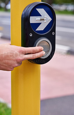 Buy stock photo Hand, person and button at crosswalk traffic light for morning commute, safety or walking. Fingers, pole and sidewalk at downtown intersection for accessibility travel with signal, rules or waiting