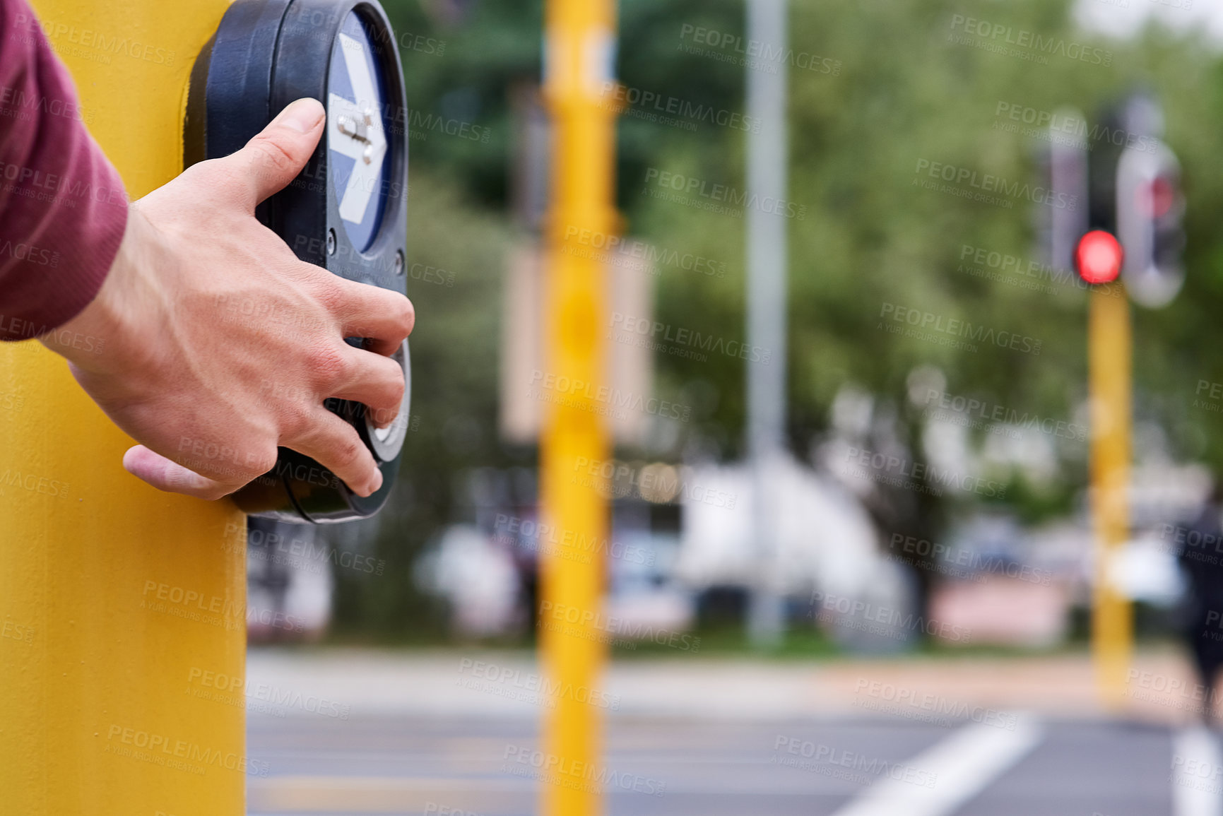 Buy stock photo Hand, person and button at pedestrian crossing or traffic light for morning commute, safety or walking. Fingers, pole and sidewalk at intersection or downtown city or street travel, signal or caution