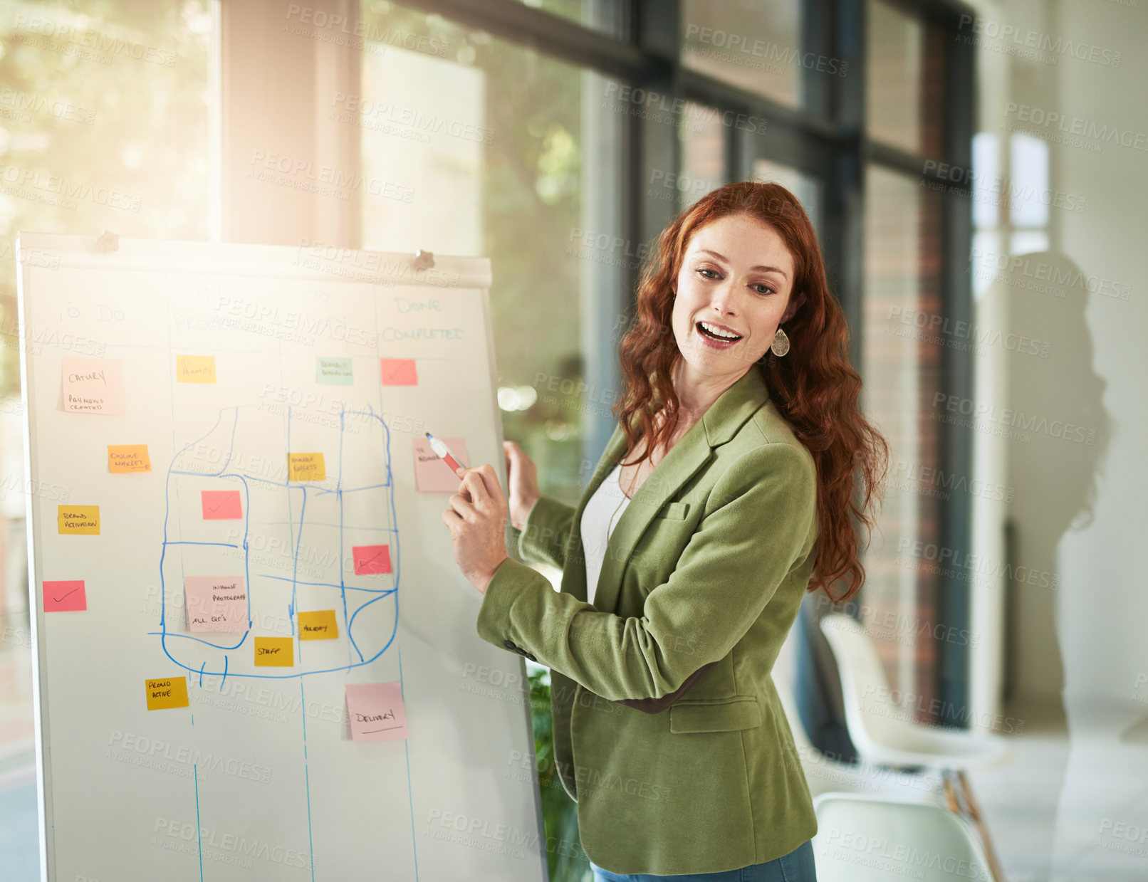 Buy stock photo Business woman, whiteboard and sticky note for strategy, presentation and writing development objectives. Manager, proposal and post it for project management, communication and corporate training