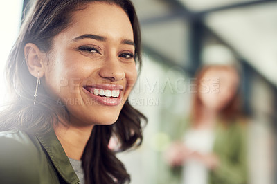 Buy stock photo Smile, business and portrait with woman in office for meeting, creative presentation and ambition as designer. Happy, female person and career pride, internship opportunity and project experience