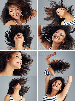 Buy stock photo Composite of a carefree young woman posing in studio