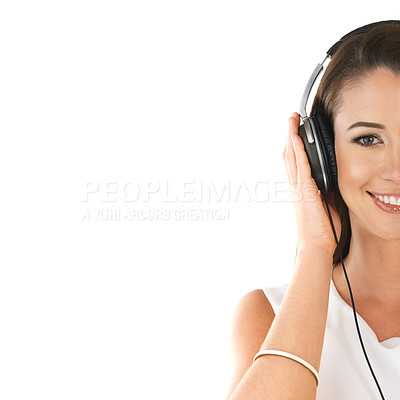 Buy stock photo Music, happy woman and half portrait on headphones in studio for streaming and listening to audio isolated on white background. Face, radio tech and smile of girl on podcast for sound or mockup space