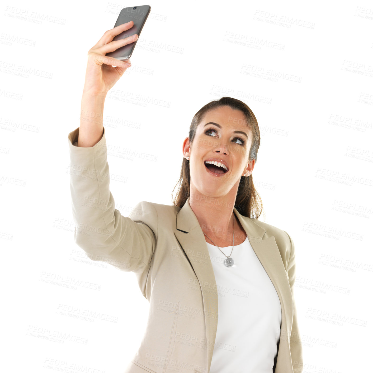 Buy stock photo Selfie, woman and smartphone with studio, smile and social media for profile picture and online post. Happy, professional and person with happy for video call or networking on white background