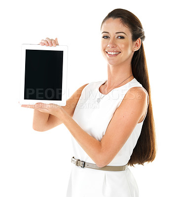 Buy stock photo Shot of a young woman showing you a digital tablet