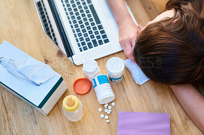 Buy stock photo Top view, sick and woman with a laptop, sleeping and burnout with medicine, tired and career. Female person, professional or employee with medication, healthcare issue or problem with pills or tissue