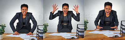 Buy stock photo Collage, office and angry in office with woman, paper work or documents with frustrated employee. Burnout, frustrated and rage for stressed manager, mental health with worker in corporate workspace