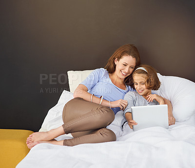 Buy stock photo Mother, child and tablet for bed relax in home for funny movie with streaming, laughing or bonding. Woman, daughter and resting together with entertainment in house or mockup, online or connection