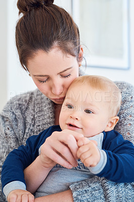 Buy stock photo Mom, baby and bonding for care with support, love and cute as toddler for growth and child development. Parent, kid and happy at home with playing for relax, childhood memories and fun as family
