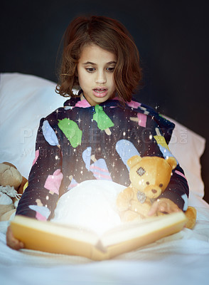 Buy stock photo Girl, child and surprised for book with magic in bed for fantasy story, sparkle and imagination with teddy bear. Kid, face and shocked for reading, fairytale and glowing pages in bedroom of home