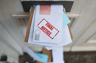 Buy stock photo Door, letters and mail with envelope, communication and notice for postal writing. House, property and mortgage for document, service and information for rent or debt with home postcard and stamp