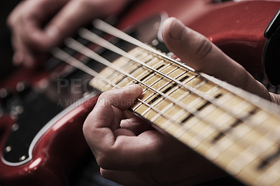 Buy stock photo Hands, person and guitar strings to practice for performance or concert, show and entertainment. Musician, guitarist and music instrument for rehearsal or song recording with talent and passion