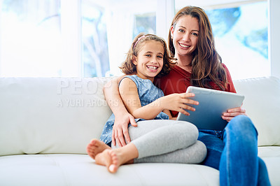 Buy stock photo Family, portrait of mother and daughter with tablet on sofa in living room of home for education or growth. Children, education or learning with woman parent and girl kid in apartment for love