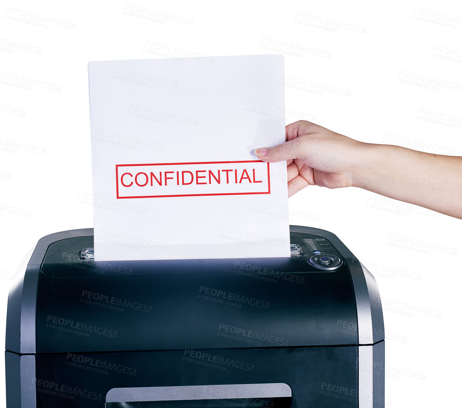 Buy stock photo Confidential documents, hand and shredder in studio isolated on white background for privacy. Business, destroy and paper with person using equipment to shred secret information, letter or report