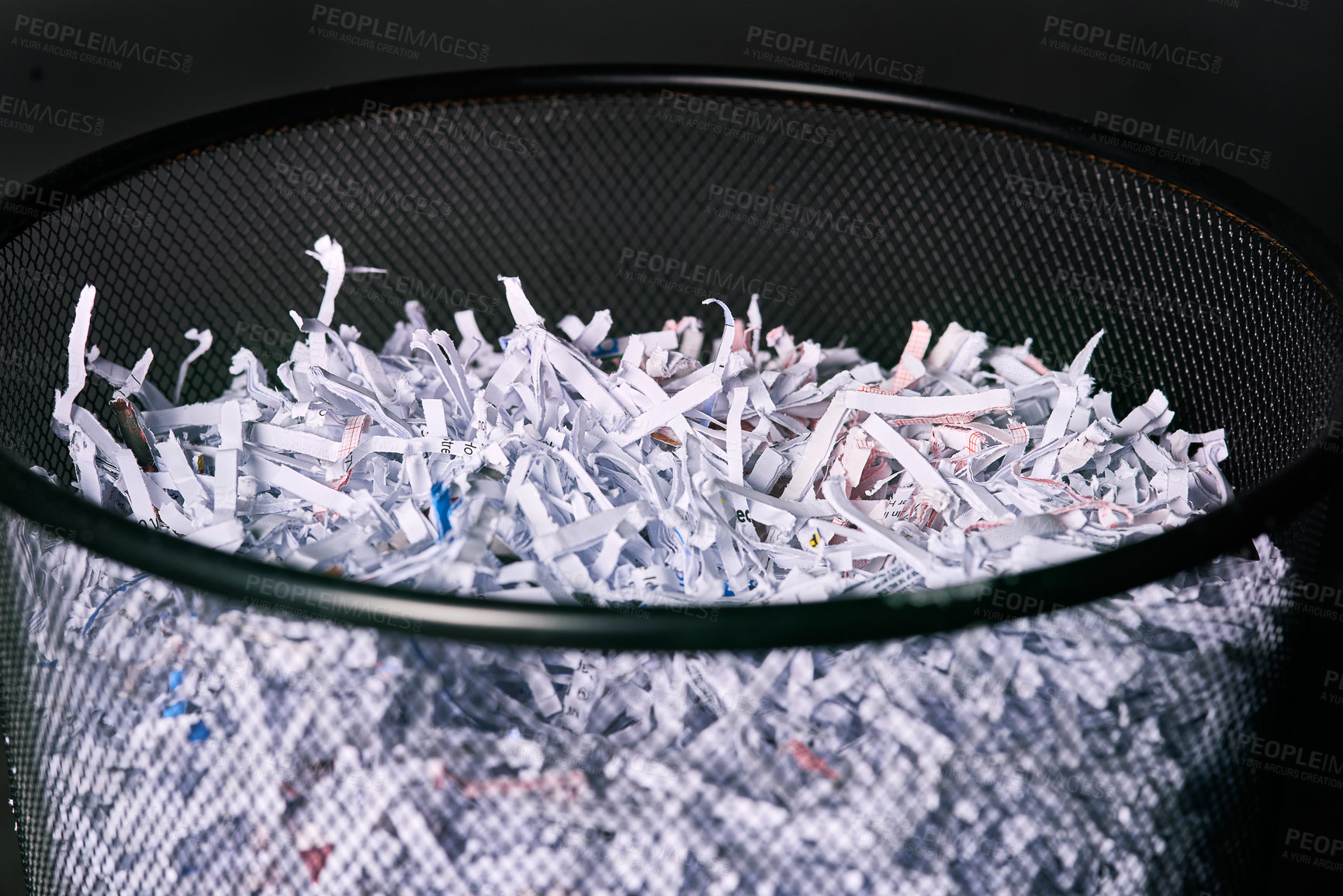 Buy stock photo Shredding, paper and trash bin in studio for recycling or office disposal of confidential waste or documents. Letter or reports, private and top secret information, rubbish and black background.