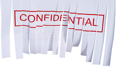 Buy stock photo Shred, confidential or words on paper, document or top secret report to clear information or evidence in waste. Destruction, page or classified in policy, tear or privacy with cut on white background