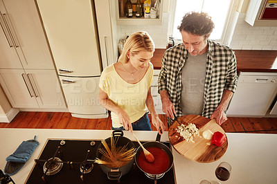 Buy stock photo Top view, food or couple in the kitchen cooking with healthy vegetables for lunch meal or dinner together. Love or woman helping or talking to mature husband in meal preparation in Sydney, Australia 