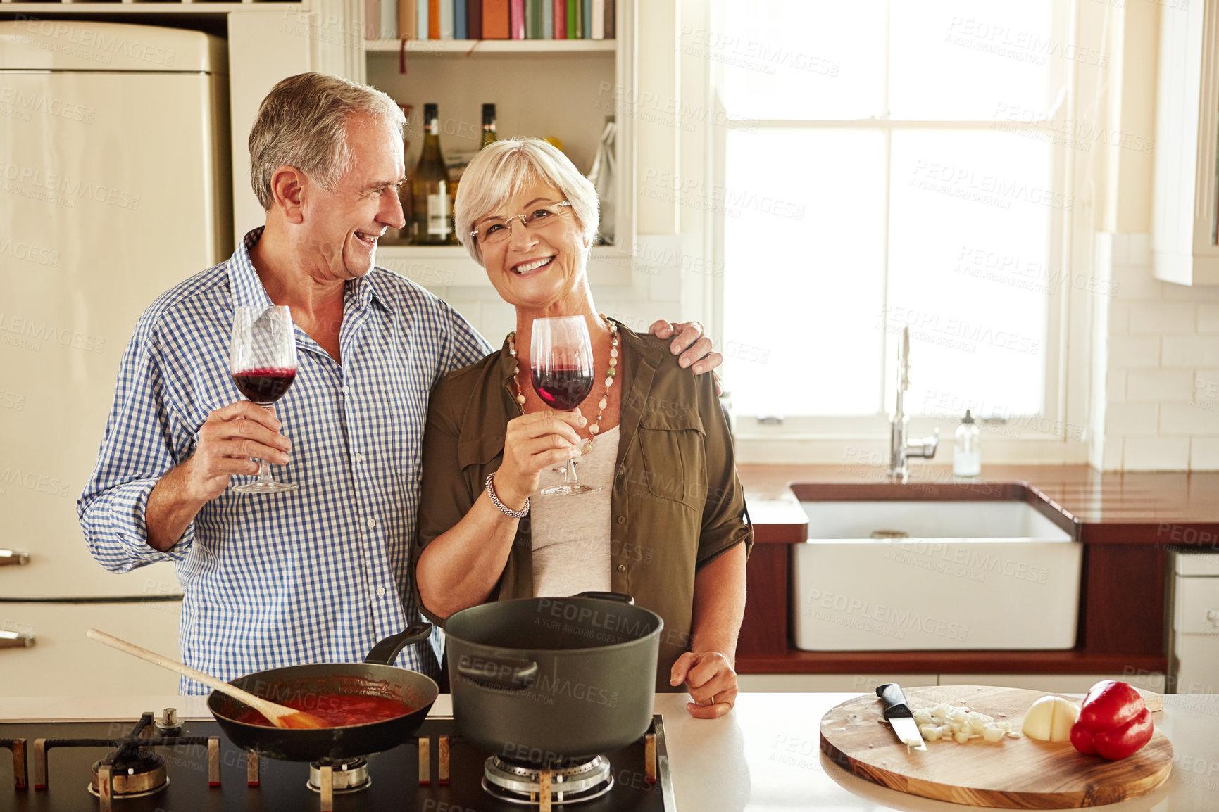 Buy stock photo Smile, wine or portrait of old couple cooking food for a healthy vegan diet together with love in retirement at home. Happy senior woman hugging or drinking in kitchen with mature husband at dinner