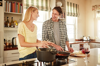 Buy stock photo Dinner, speaking or happy couple kitchen cooking with healthy food or vegetables for lunch together at home. Support or woman helping, laughing or talking to husband in meal preparation in Australia 