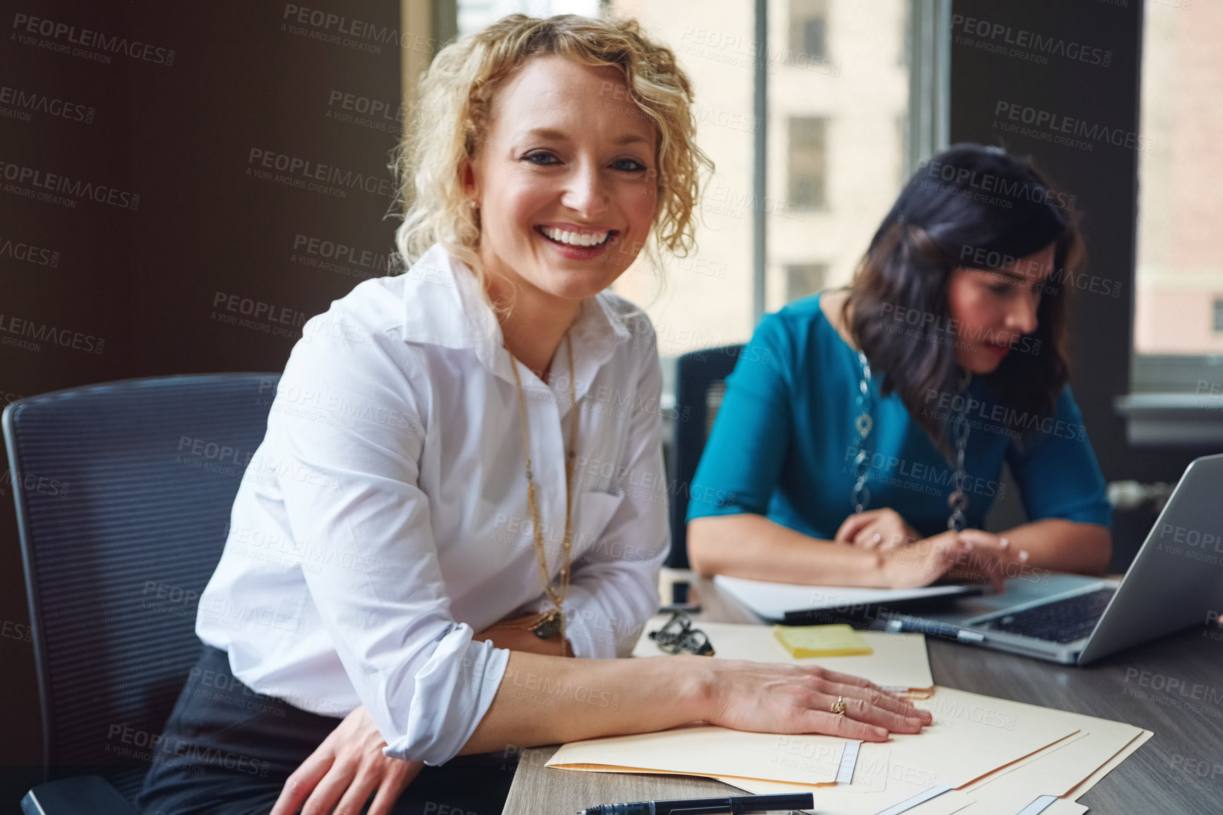 Buy stock photo Portrait of two businesswomen having a meeting together in an office