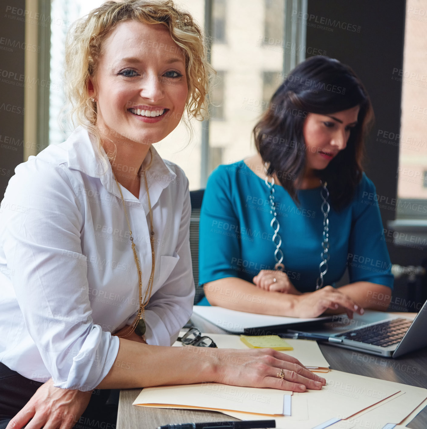 Buy stock photo Women, team and smile with paperwork at office meeting, review and project at insurance company. People, happy and documents with portrait, admin and confidence for job at risk management agency