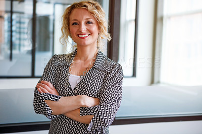 Buy stock photo Portrait of businesswomen smiling confidently while standing in office