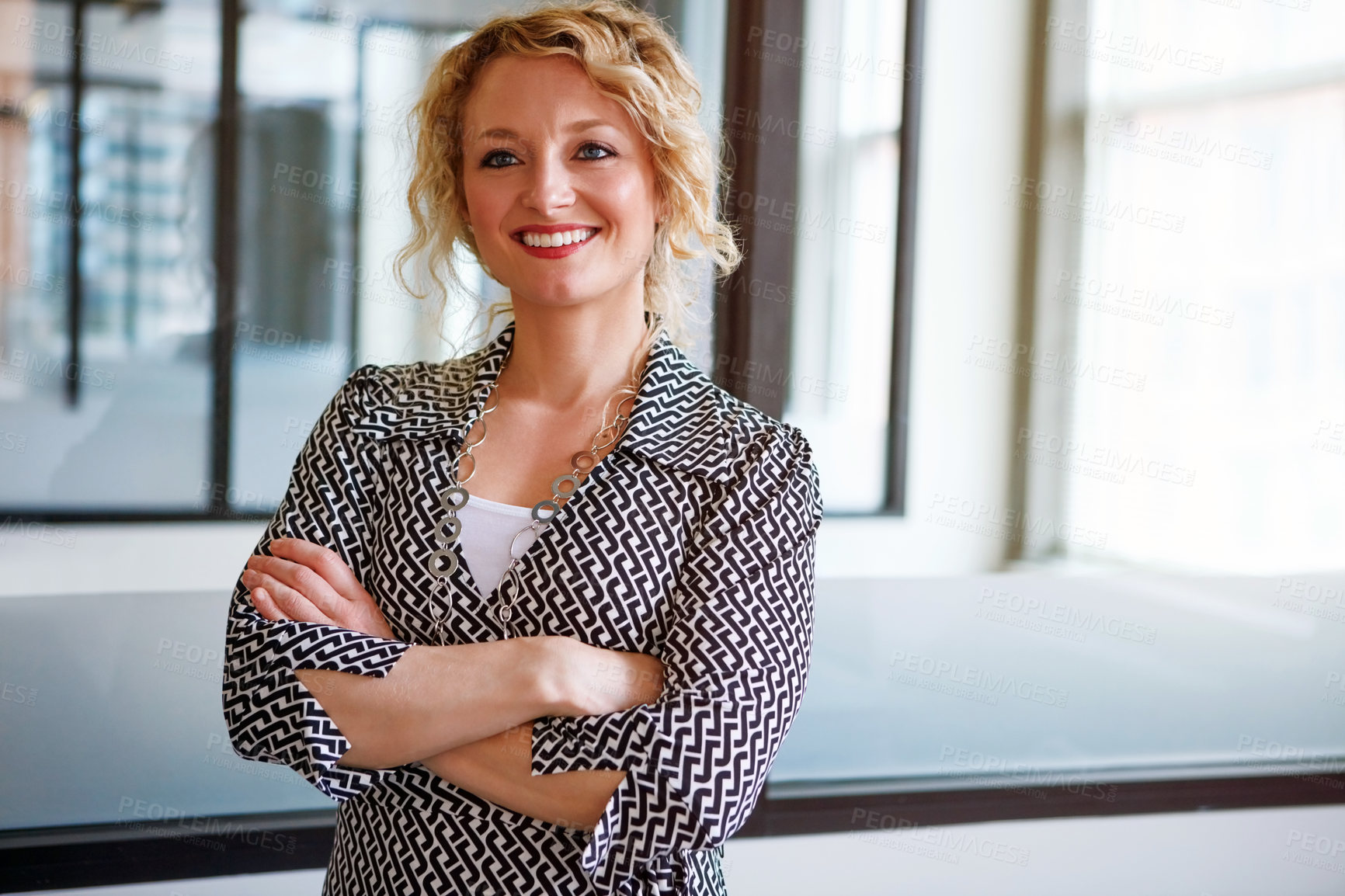 Buy stock photo Portrait of businesswomen smiling confidently while standing in office