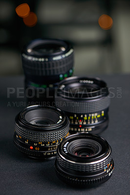 Buy stock photo Digital, lens and camera equipment closeup for creative, recording or content capture on blurred background. Photography, backstage and tech for professional photographer with magazine photoshoot