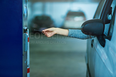 Buy stock photo Parking lot, car and hand with ticket meter for payment, cost and access for security, safety or garage space compliance. Machine, card or driver with vehicle permit pass for toll, barrier or fees