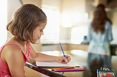 Buy stock photo Child, drawing and creative in home for art project with parent in kitchen, development or paper. Female person, coloring and pencils at counter for school skills or kindergarten, learning or craft