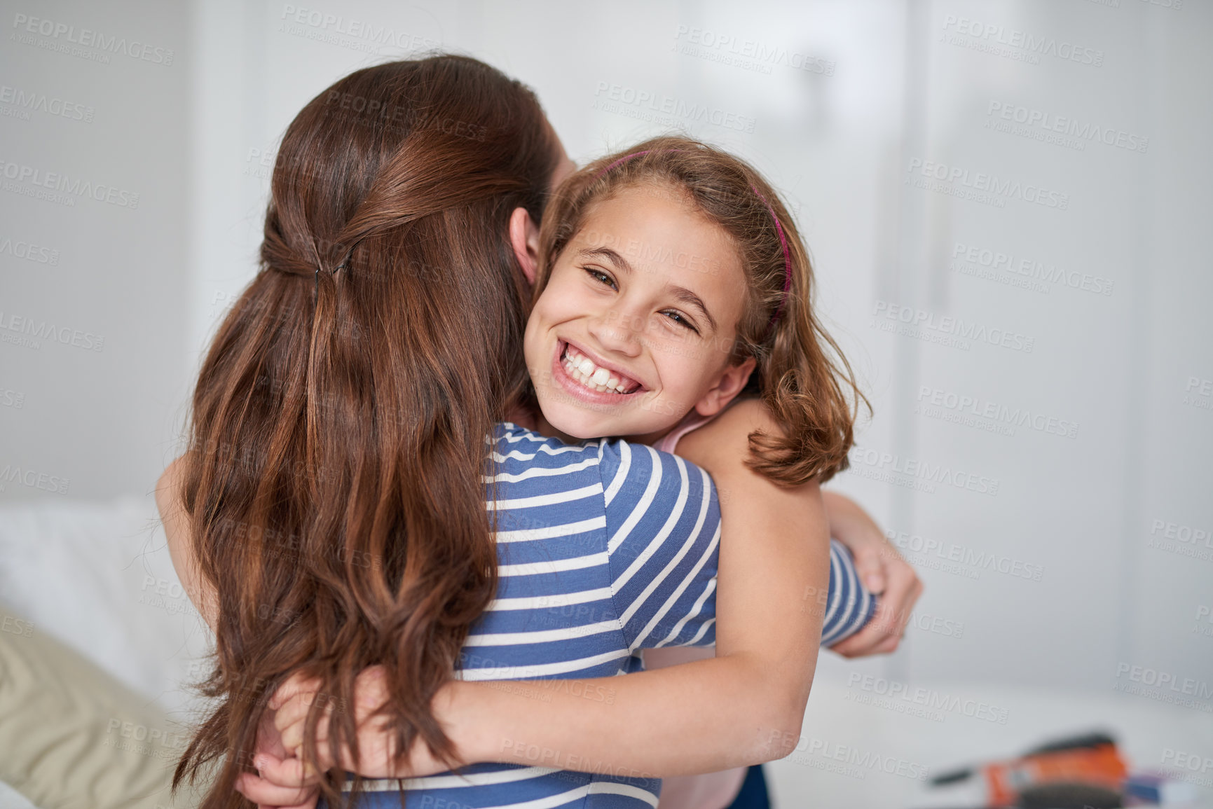 Buy stock photo Portrait, mother or excited girl hug for support in home for care, safety or bonding together to relax. Smile, love or single parent mom with happy kid for security, daughter or child in family house