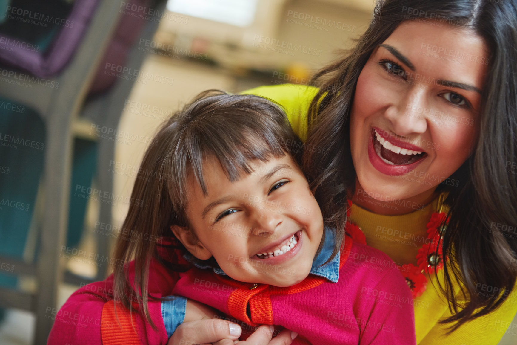 Buy stock photo Portrait, mother and laugh with child at house for love, support daughter and bonding together. Smile, woman and kid with care, family connection and healthy relationship for weekend break in lounge