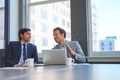 Buy stock photo Men, laptop and office for finance cooperation, review and online for budget proposal or profit ideas. Employees, communication and brainstorming for investment, growth opportunity and collaboration