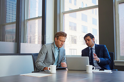 Buy stock photo Men, laptop and office for team research, human resources and online for staff growth in boardroom. Employees, communication and brainstorming for recruitment, collaboration and review application